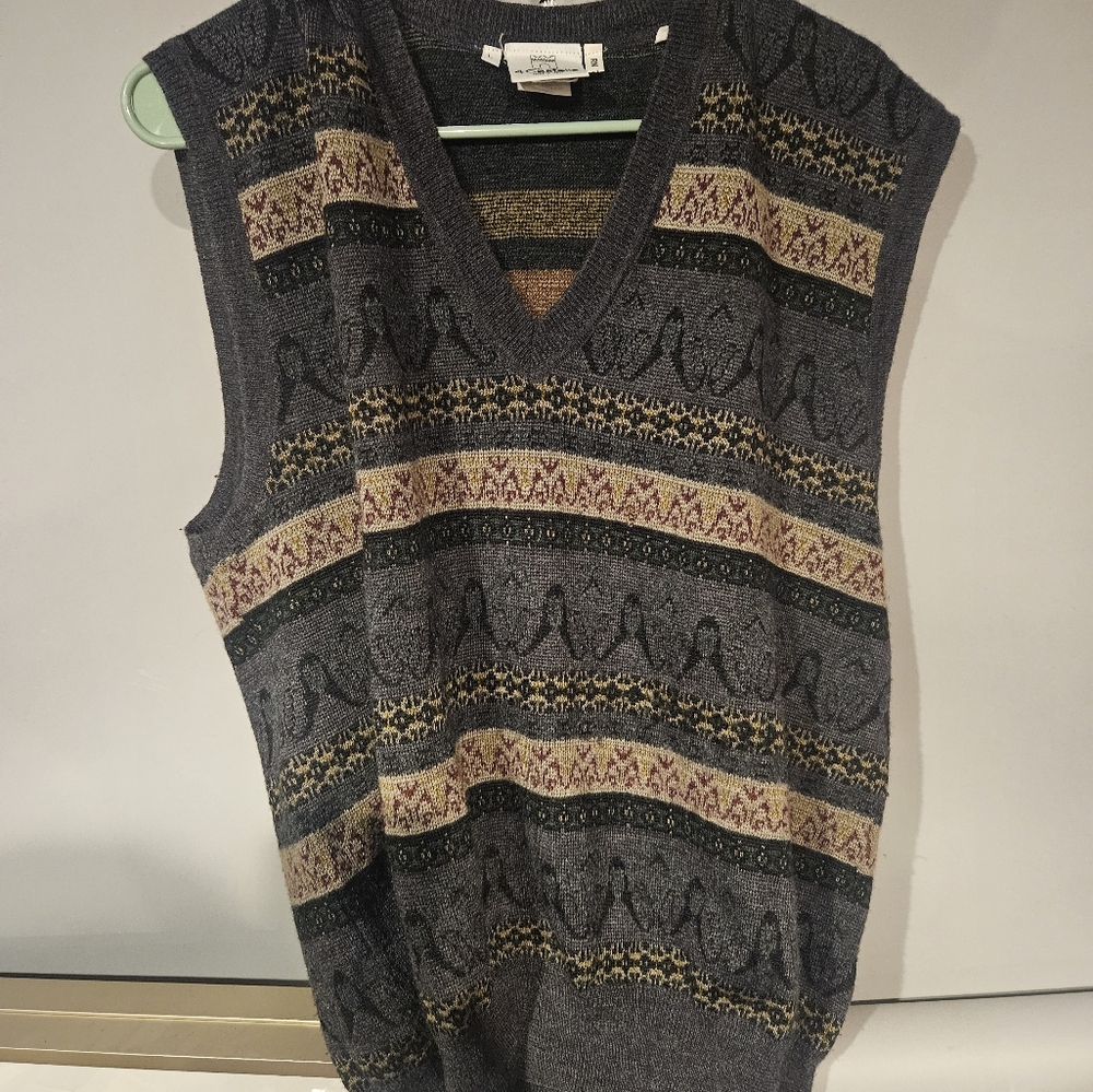 Vintage 4 Castella Italy V-Neck Sweater Vest Size L Gray/brown